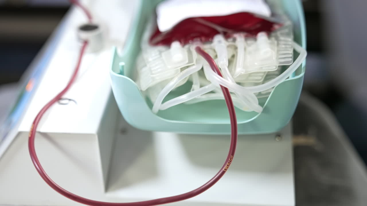 Plastic bag with blood is on the machine moving it back and forth. Blood donation concept. Close up.