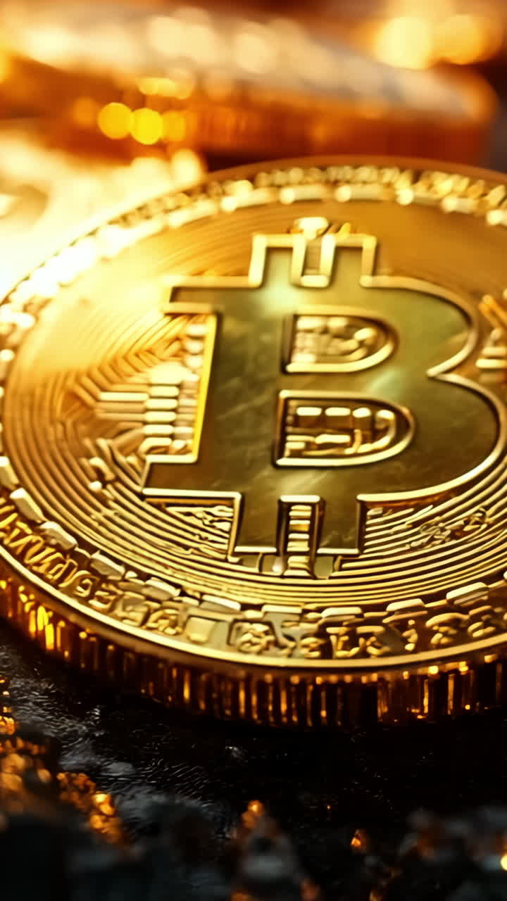 Bitcoin shines in a dark cave. A gold bitcoin coin illuminates a dark cave, bathed in beams of light from above, creating a magical atmosphere.
