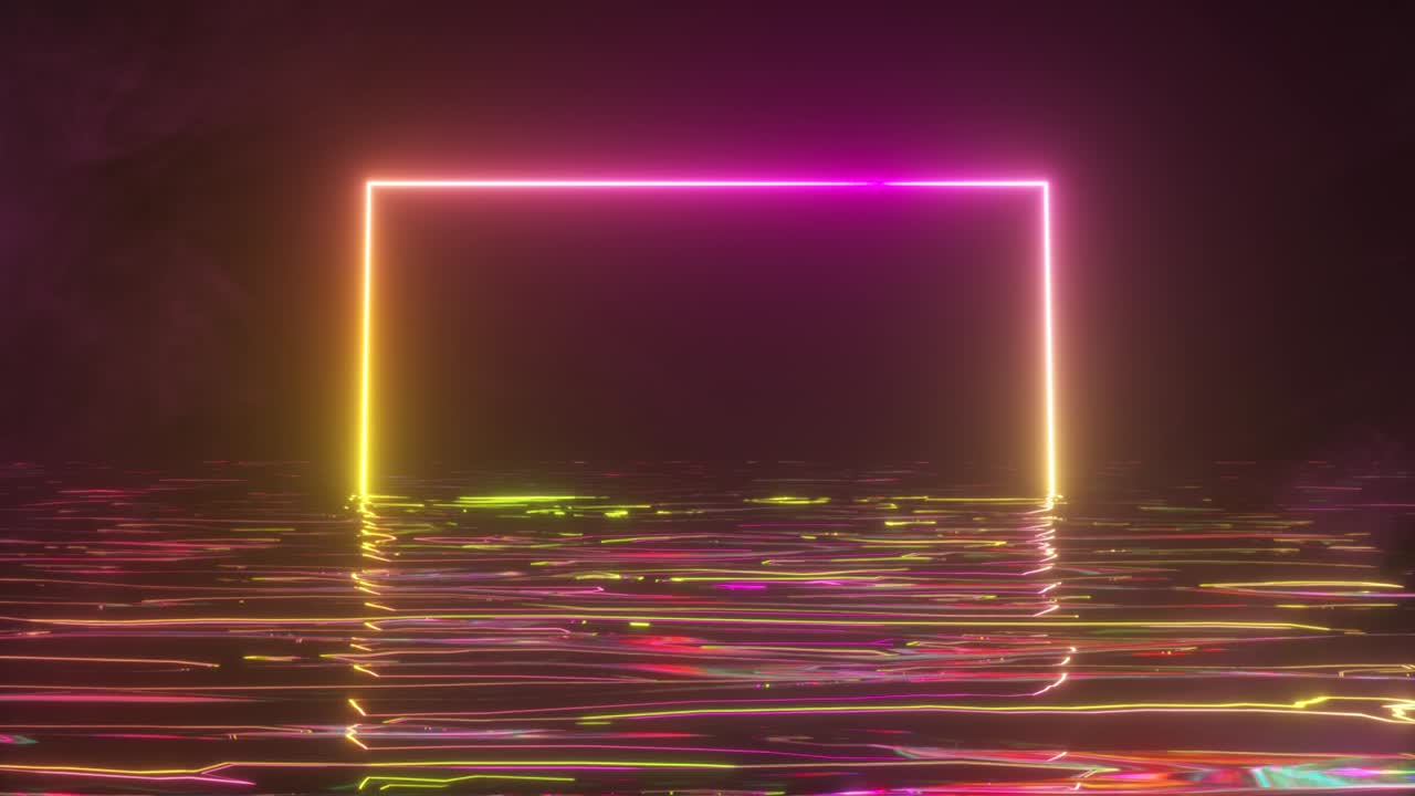 A bright neon frame shimmers with a neon spectrum of light in the water. Smoky background. Seamless loop 3d render
