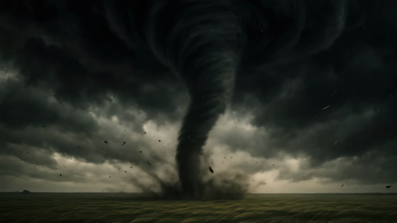 Dramatic video scene of a tornado touching down on a field, captured from a low-angle