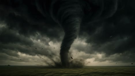 dramatic video scene of a tornado touching down on a field, captured from a low-angle