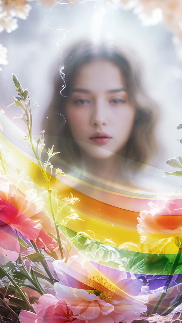 Vertical video: Projecting rainbow band gliding across woman face in studio with blossoms