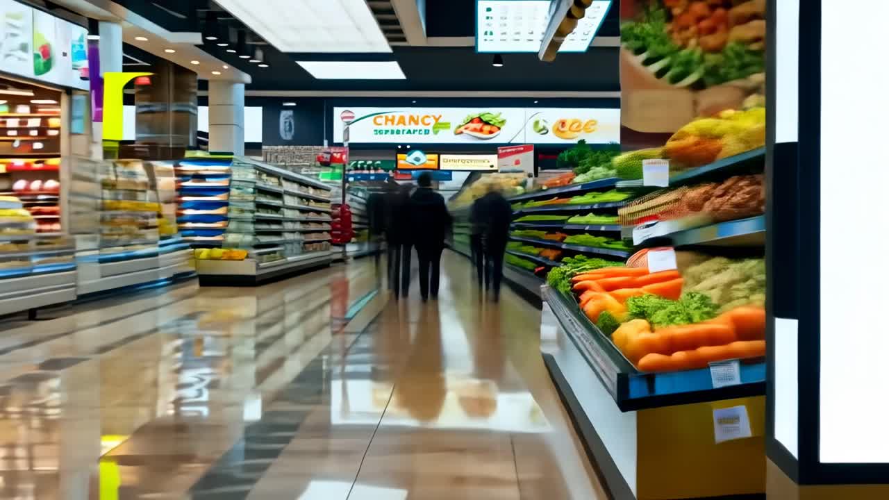 Wide-angle shot of a supermarket aisle with people shopping, vibrant produce displays, and a blank