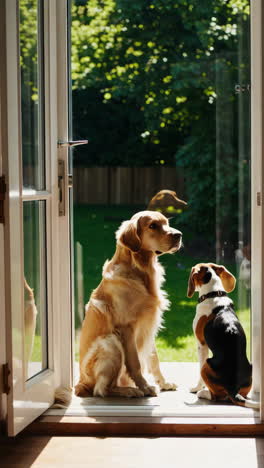two dogs gazing out an open door into a sunny backyard
