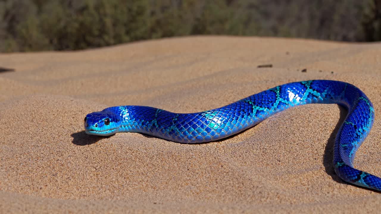 A vibrant blue snake slithers across sandy terrain, captured from a low-angle perspective