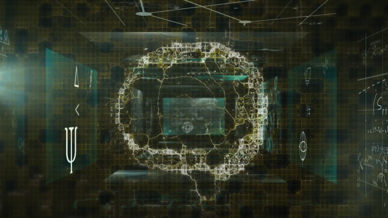 Digital animation of human brain spinning against screens with mathematical equation