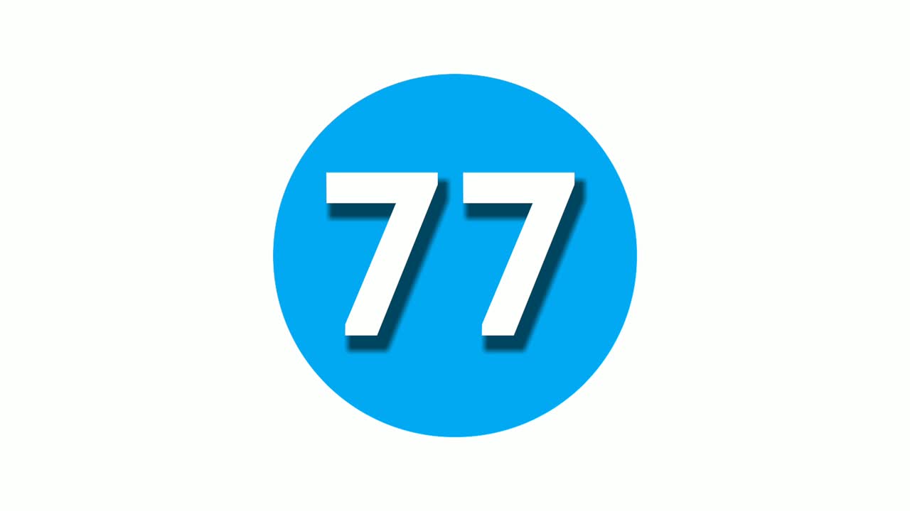 número 77 símbolo de señal animación gráficos de movimiento en círculo azul fondo blanco, número de video de dibujos animados para elementos de video