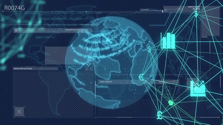 Global network connections and data processing animation over digital globe
