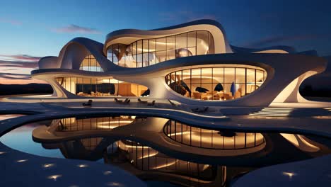 modern marvel with reflective pool at sunset in tranquility