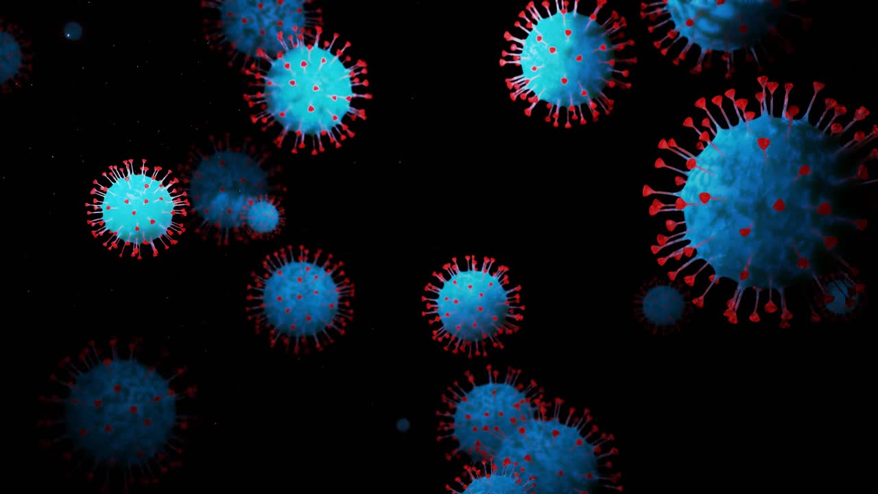 close-up coronavirus type covid-19, h1n1, bird flu or swine flu move smoothly in fluid 3d representation of virus as microbiological microscopic looped background. Red blue gradient 22
