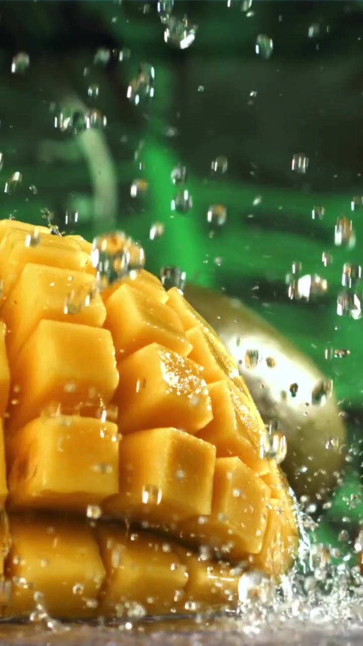 Primo piano di mango fresco a cubetti con schizzi d'acqua