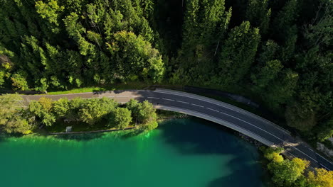 Curved-road-at-the-edge-of-a-conifer-forest-next-to-a-perfectly-still-lake