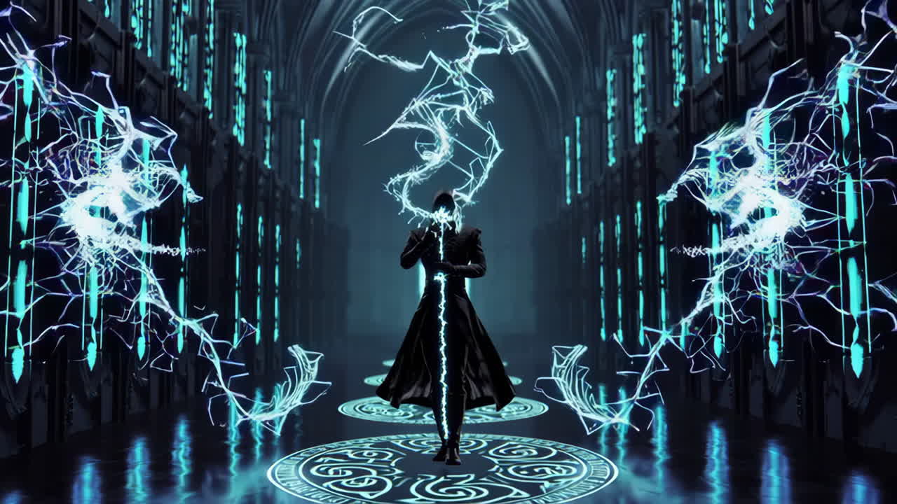 A Dark Wizard with Lightning-Charged Staff in a Mystical Hall