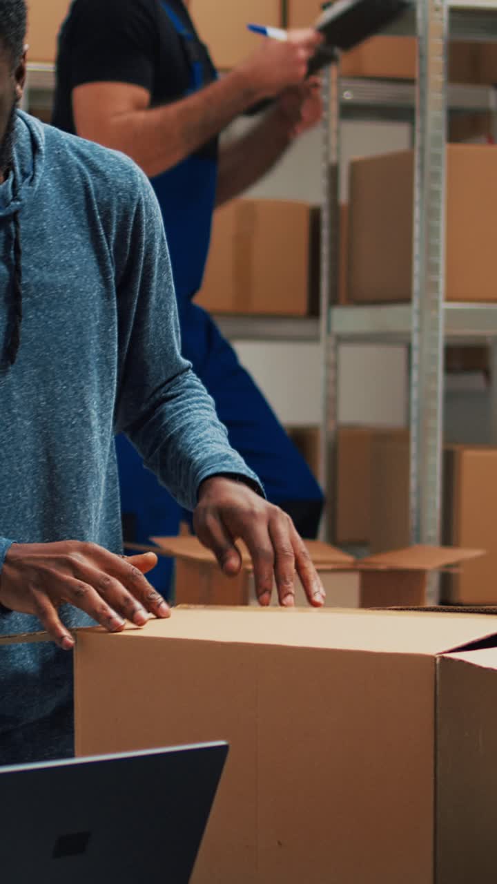 Vertical video: Diverse startup partners doing quality control before shipping goods