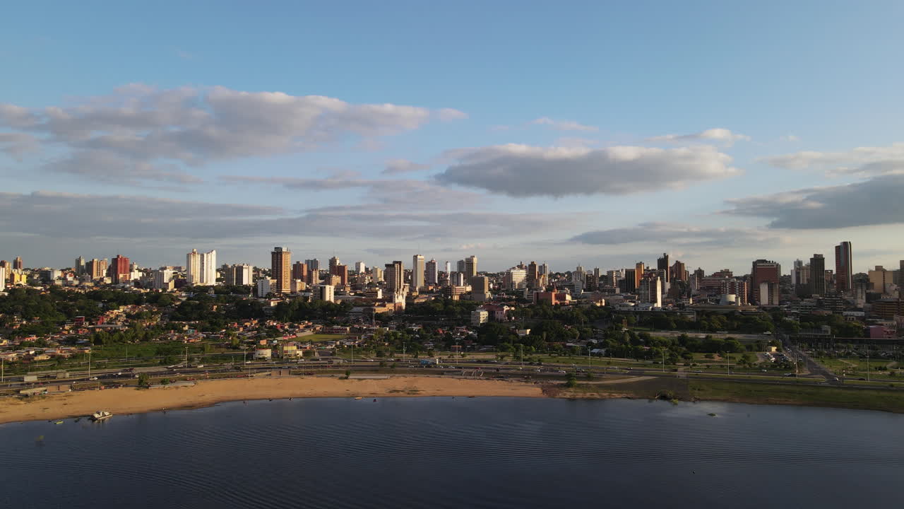 Aerial View of a City Skyline on a River