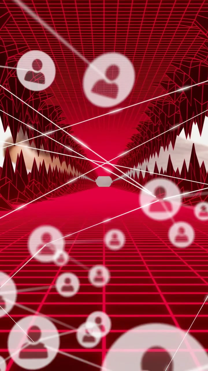Video verticale: Avatar centrale che emette raggi, generando avatar lungo una griglia, formando una rete sociale.