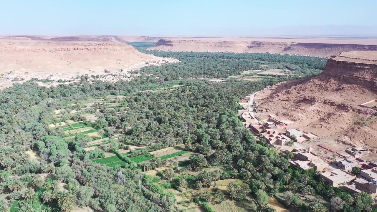 Vista aerea con drone dell'Oasi di Tafilalt che si estende attraverso una spettacolare valle desertica, dove vasti palmeti di datteri creano uno dei paesaggi oasi più iconici del Marocco.