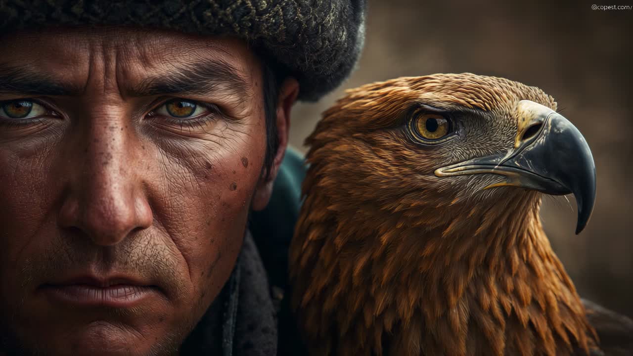 Camera starting recording handler in wool cap cloak holding eagle with jess at steppe showing bond