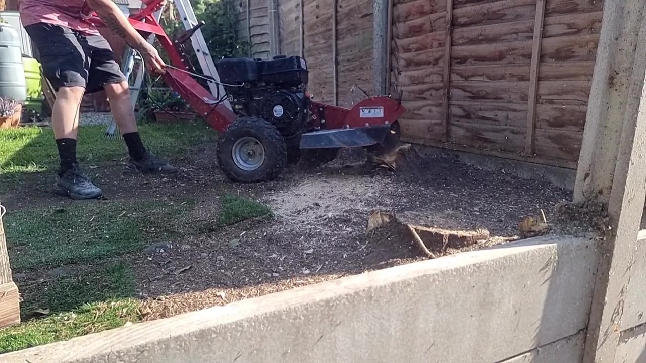 Slow motion gardener using industrial machinery to grind tree stump with sawdust particles flying