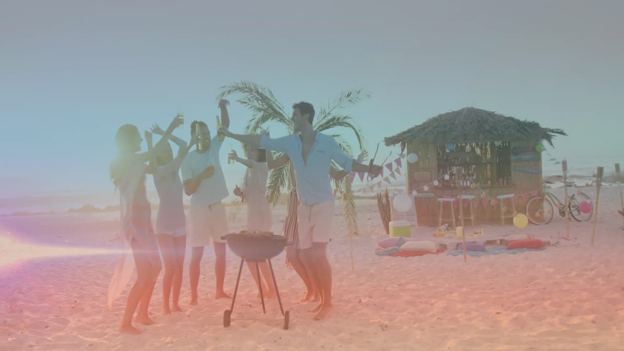 해변에서 맥주를 마시고 bbq를 하는 행복한 다양한 친구들의 그룹에 대한 조명 스의 애니메이션
