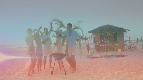 Animation-Von-Lichtflecken-über-Einer-Gruppe-Glücklicher,-Vielfältiger-Freunde,-Die-Bier-Trinken-Und-Am-Strand-Grillen