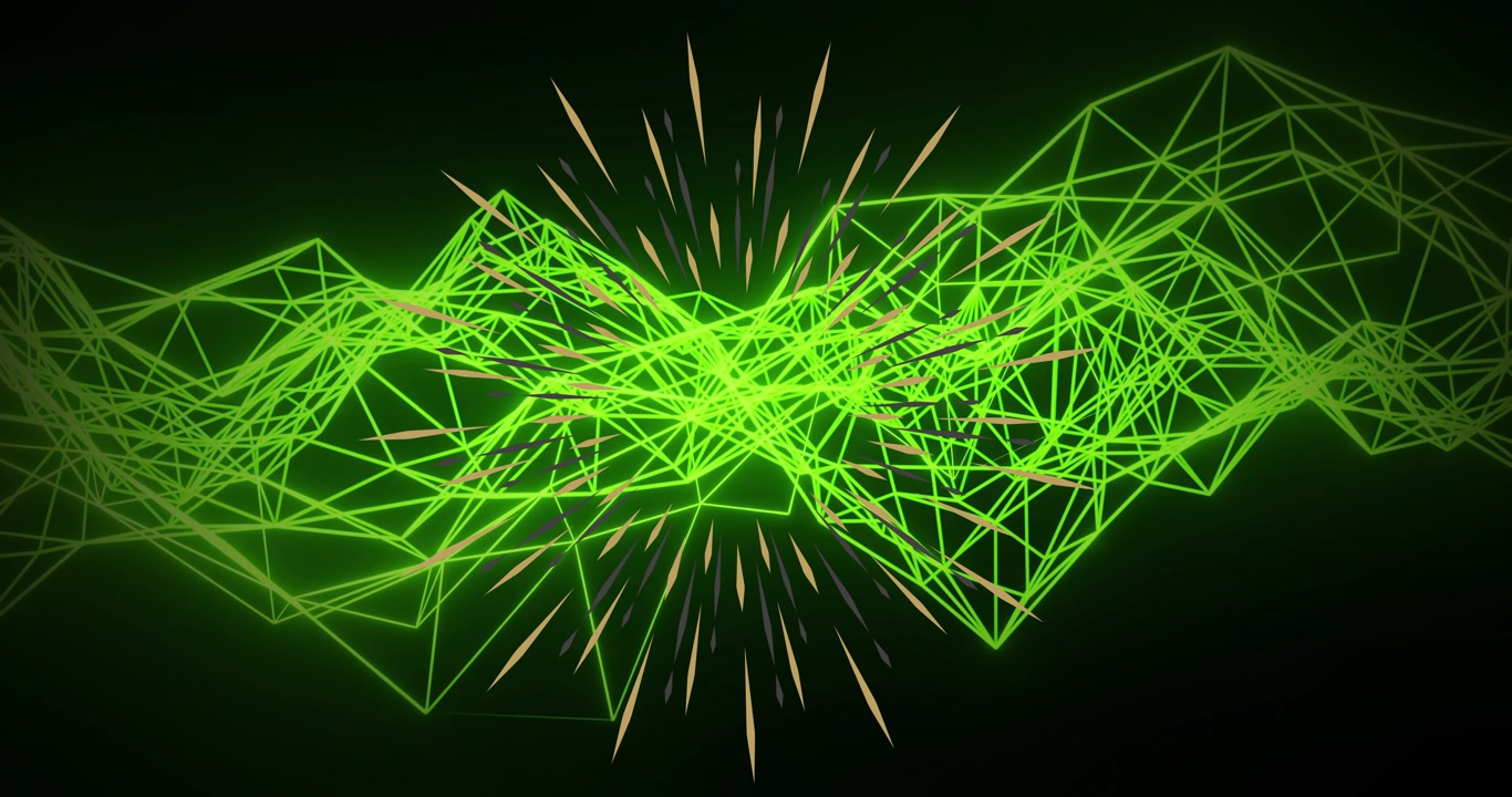 Neon mesh pulsing and shifting in void rising peak spiking orange bursts showing waveform motion