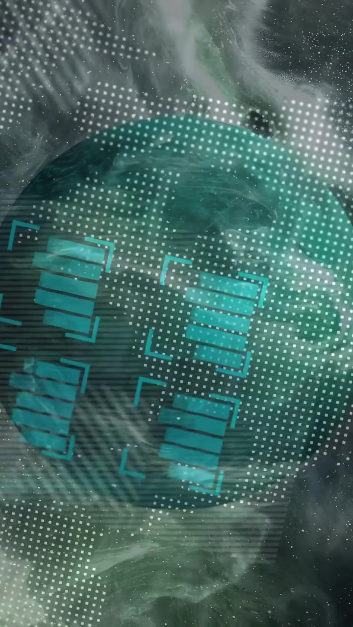 Vertical video: Teal marbled sphere appearing and rotating, HUD overlays sweeping in for scan