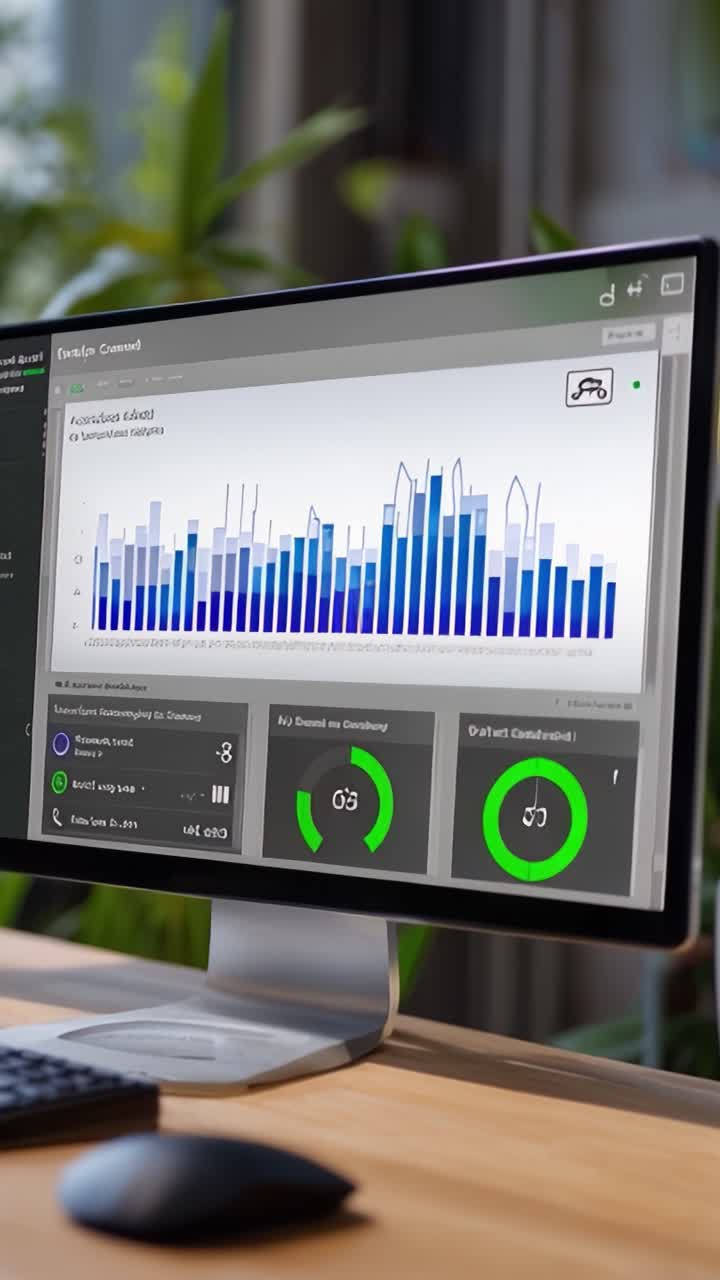 A Modern Workspace Featuring a Computer Monitor Displaying Data Analytics Among Flourishing Indoor Plants and a Stylish Desk Setup