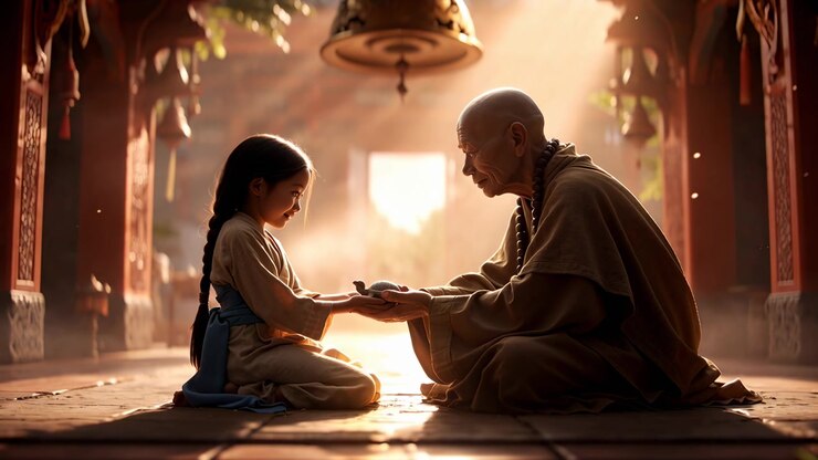 Elder Monk Teaching a Young Girl in a Serene Temple