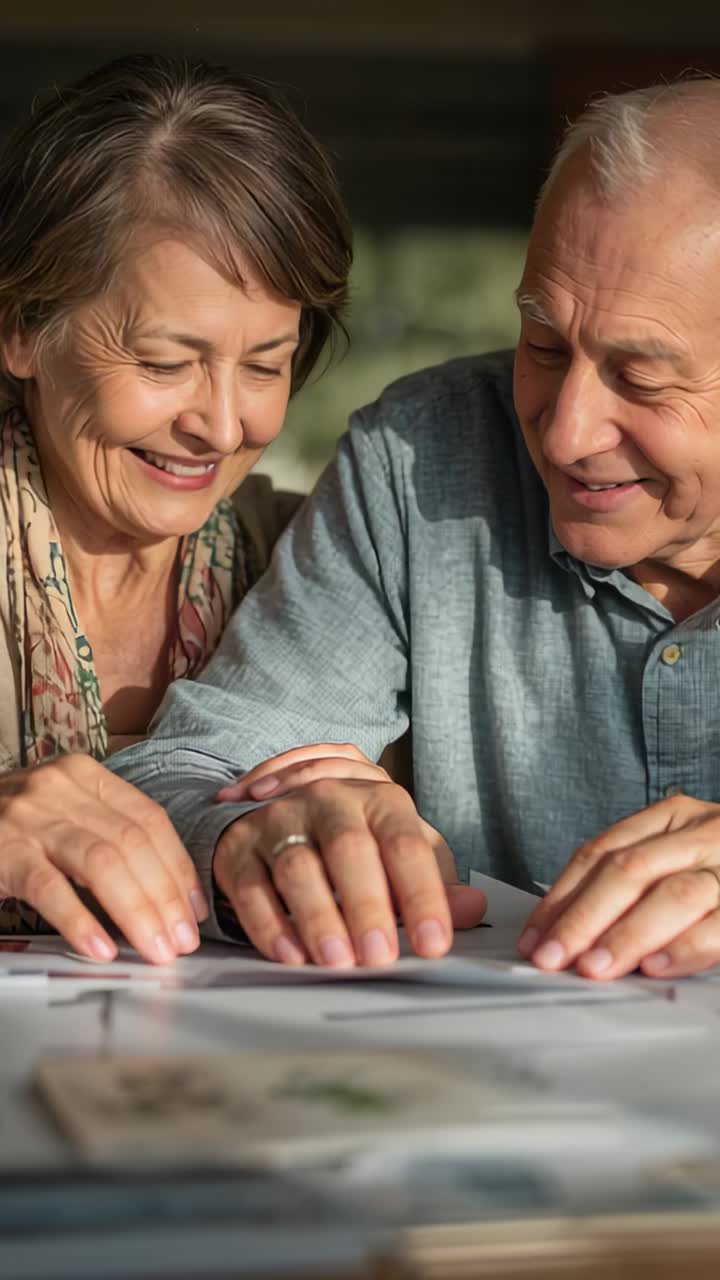 Vertical video: Finding spread seniors in scarf and shirt turning photos wedding rings reminiscing