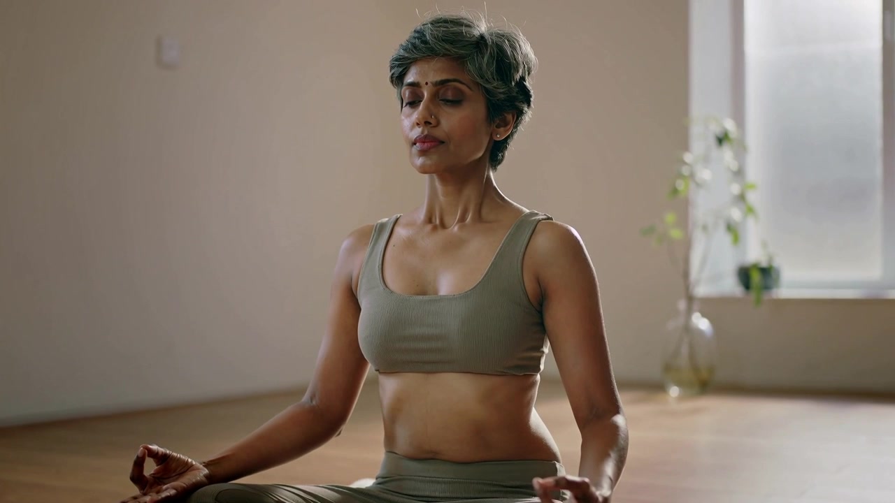 Donna con gli occhi chiusi che indossa abbigliamento sportivo color oliva, meditando su un cuscino su un pavimento in legno vicino a una pianta accanto alla finestra.