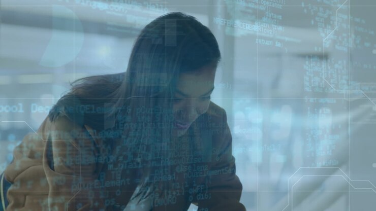 Animation of data processing over biracial businesswoman talking on smartphone