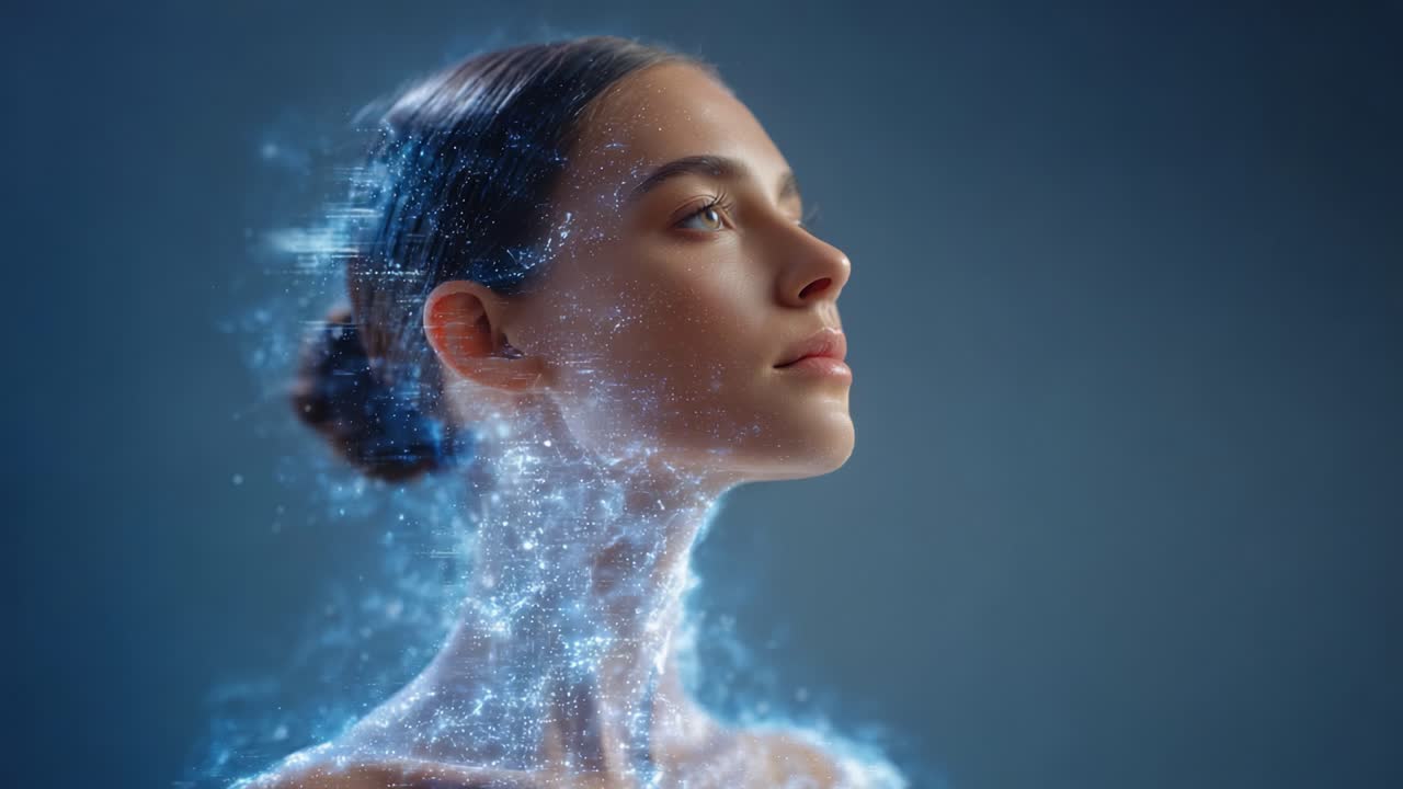 Un ritratto sereno di una donna trasformata in un'entità digitale eterea, che fonde l'eleganza umana con luce ed energia futuristiche per un'esperienza visiva mozzafiato.