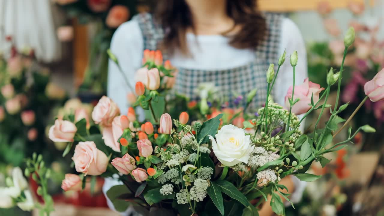 Professional florist creating vibrant flower bouquet in cozy workshop, highlighting delicate artistry and passionate floral design skills with skilled hands and creative arrangement