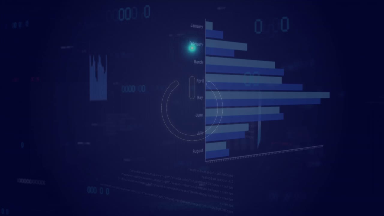Animation of neon circle over digital screen with graphs and data
