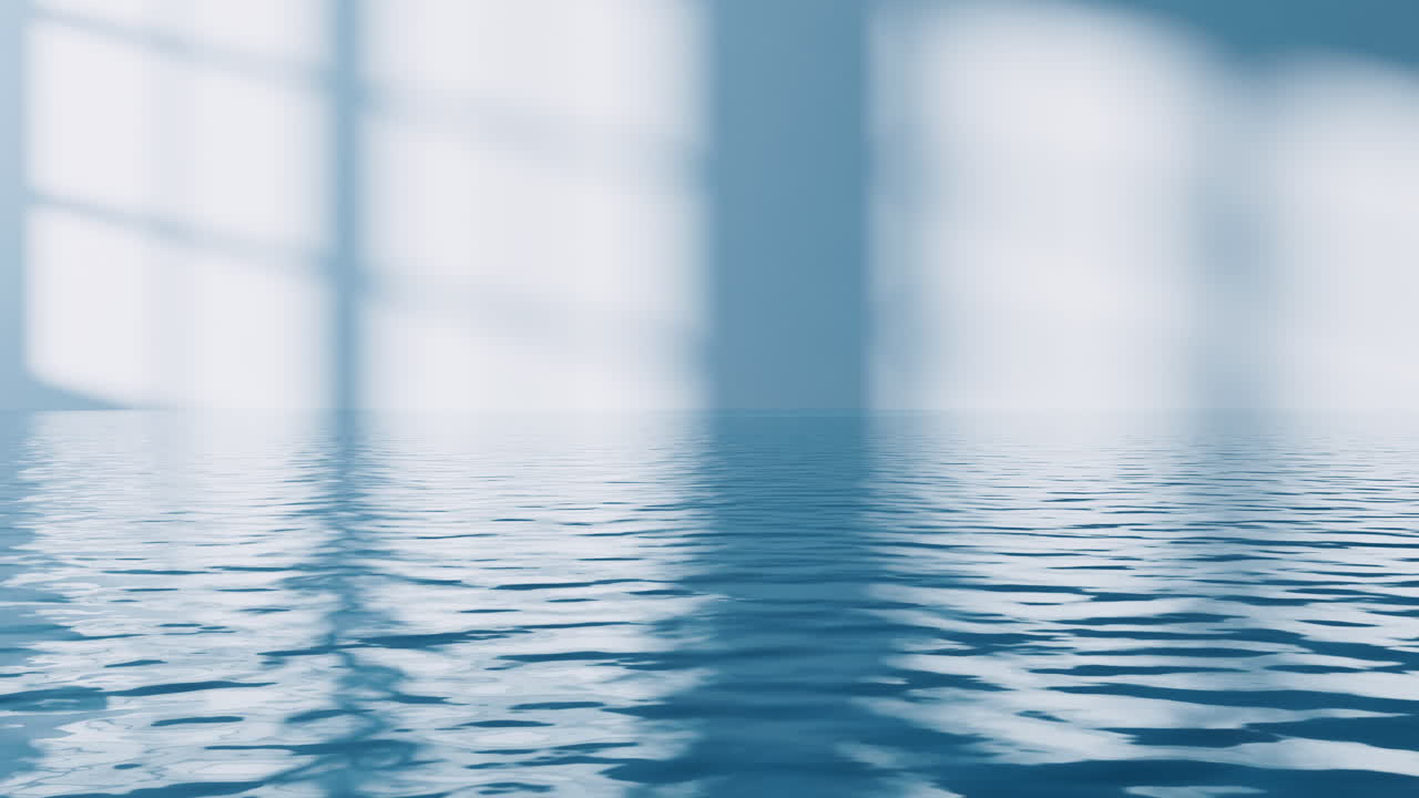 물 표면이 있는 빈 방, 3d 렌더링