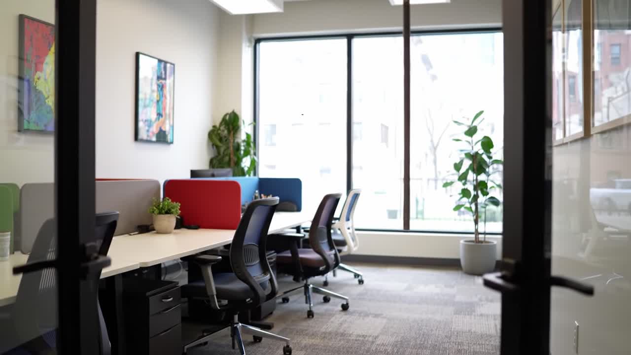 A Bright Modern Office Space Showcasing Organized Workstations, Natural Light, and Contemporary Design Elements Set Amidst Lush Greenery