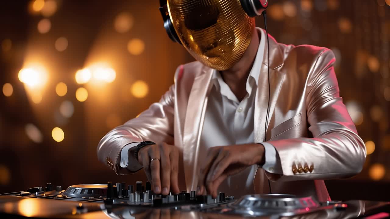 DJ con elmetto dorato manipola i controlli. Luci luminose riempiono lo sfondo. La tuta metallica riflette tonalità calde. Le dita regolano le manopole con precisione. Un ritmo energico pulsa attraverso la scena.