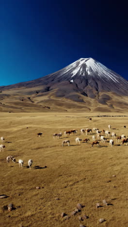 herd of llamas grazing in a vast mountain landscape
