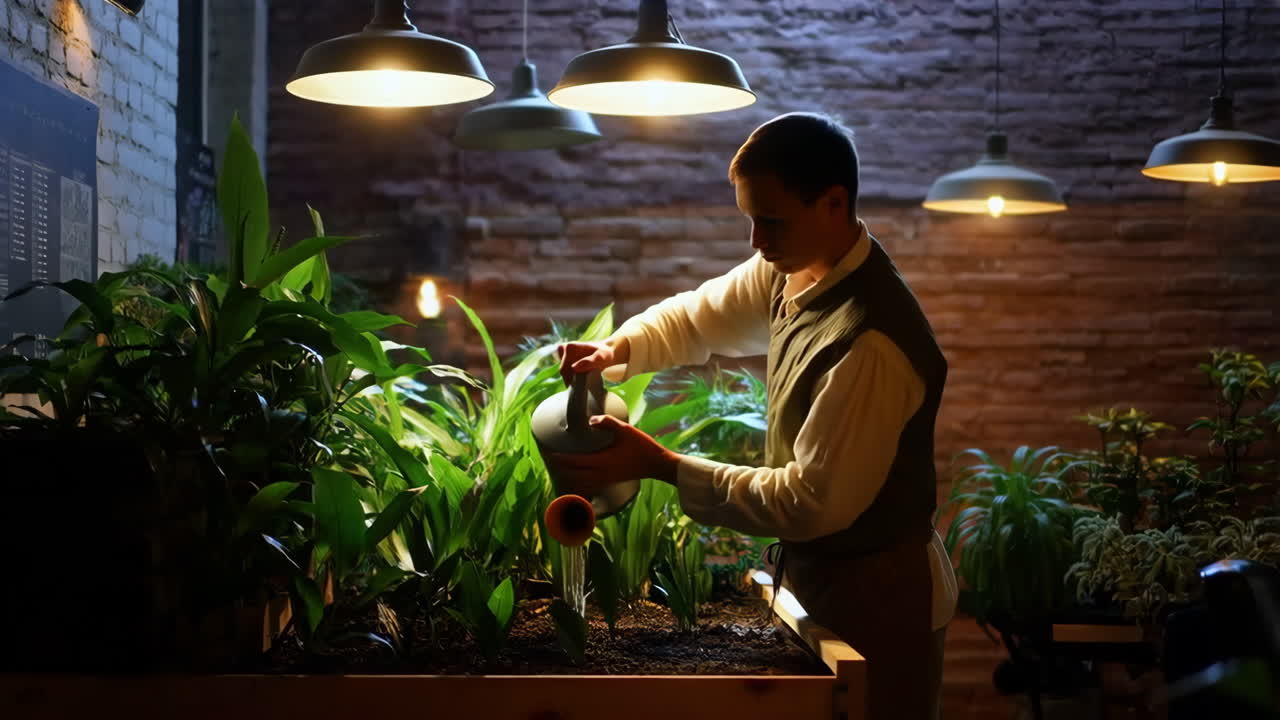 Man watering plants in an indoor garden
