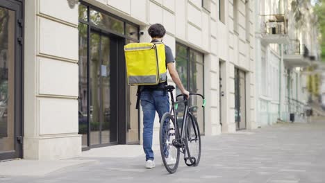 delivery man walking with bike and yellow bag, rear view