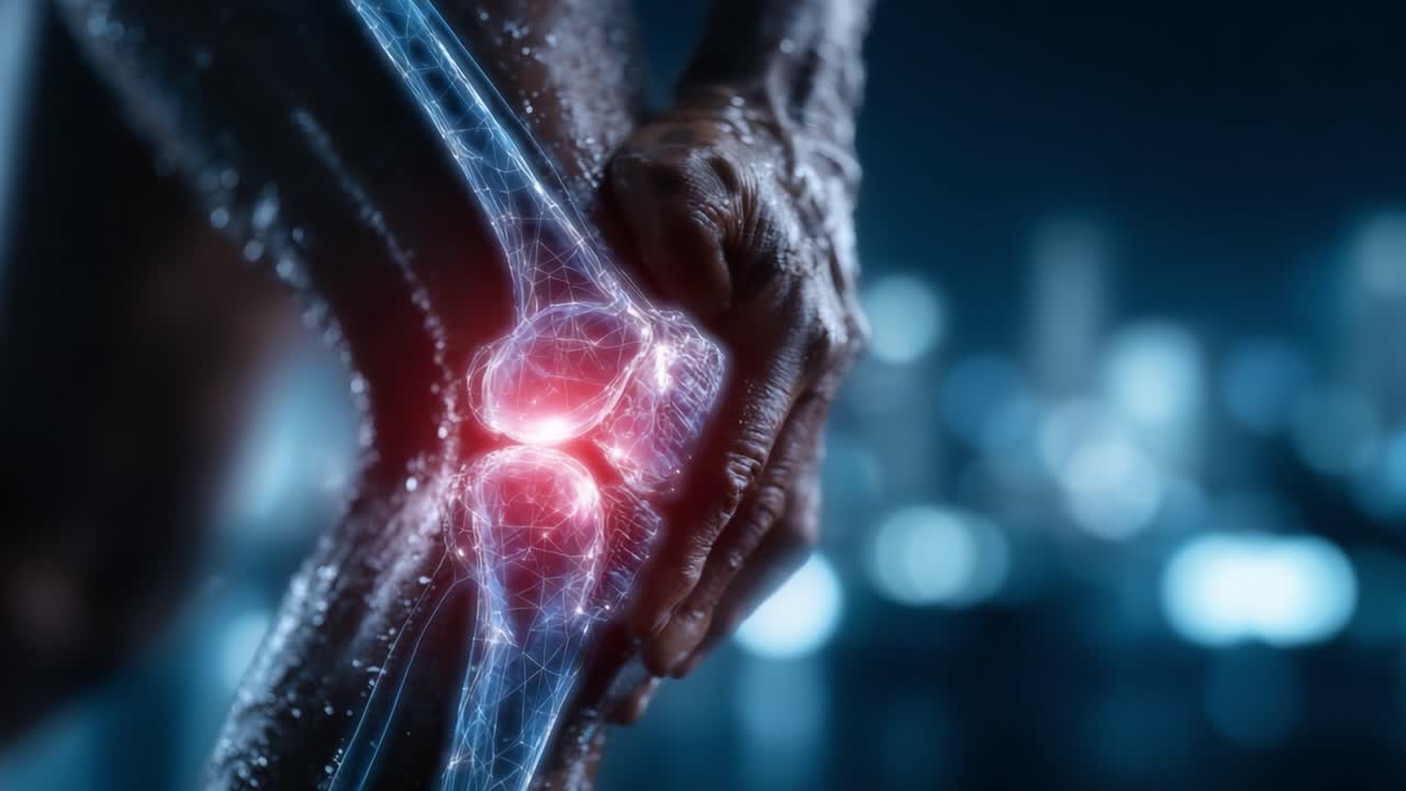 Udforskning af ledhelse: En detaljeret visuel fremstilling af det menneskelige knæled med fokus på smertepunkter og anatomisk struktur.