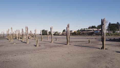 Atemberaubende-4K-Luftaufnahme-Eines-Heruntergekommenen-Piers-Am-Strand-Von-Bandon,-Oregon