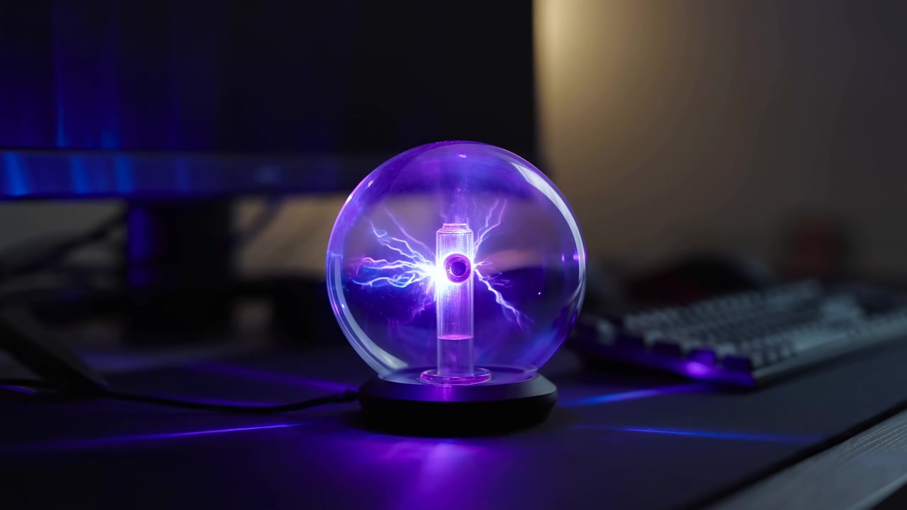 Branching plasma filaments flicker and shift around central electrode within transparent sphere, casting violet light across tabletop while keyboard and dark monitor remain softly blurred behind.