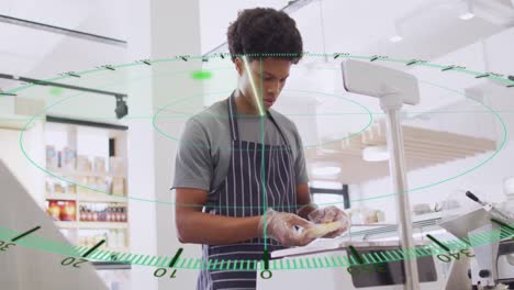 animation of numbers and data processing over biracial man serving food in shop