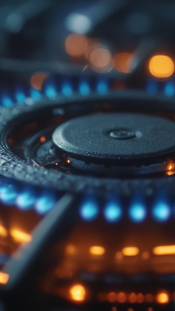 Uno sguardo ravvicinato a un bruciatore a gas acceso, che evidenzia le fiamme blu e l'umidità sulla superficie, perfetto per gli appassionati di cucina e le dimostrazioni culinarie.