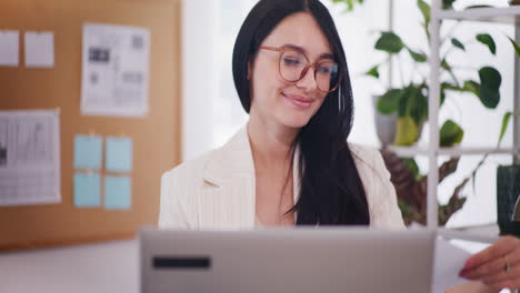 Happy-Woman-Working-on-Laptop,-Smiling-Portrait