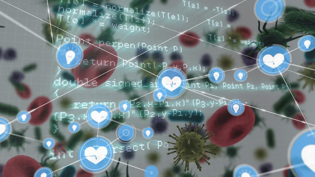 코로나19 세포와 혈관에 대한 디지털 아이콘 및 데이터 처리 네트워크