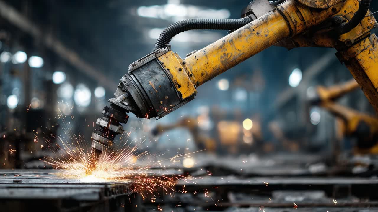 High-Tech Robotic Arm Welding Sparks in an Industrial Setting Showcasing Advanced Automation and Precision Engineering in a Manufacturing Environment