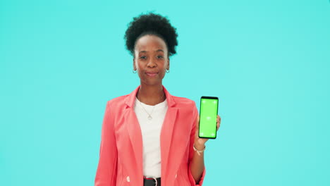 Confundido,-Teléfono-Y-Mujer-Negra-Apuntando-Al-Verde